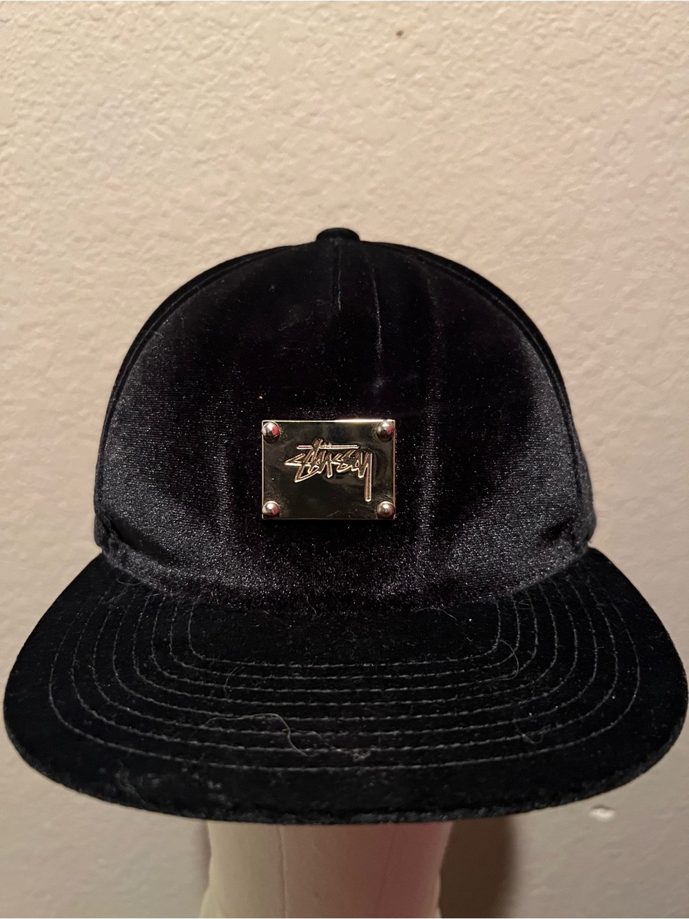Stussy Black Velvet Snapback with Metal Logo Plate